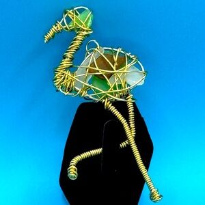 Gold Wire Wrapped and Sea Glass Flamingo Pendant